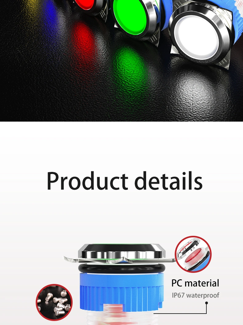Small Metal Head Plastic Shell Power Waterproof 16mm LED Push Button Switch